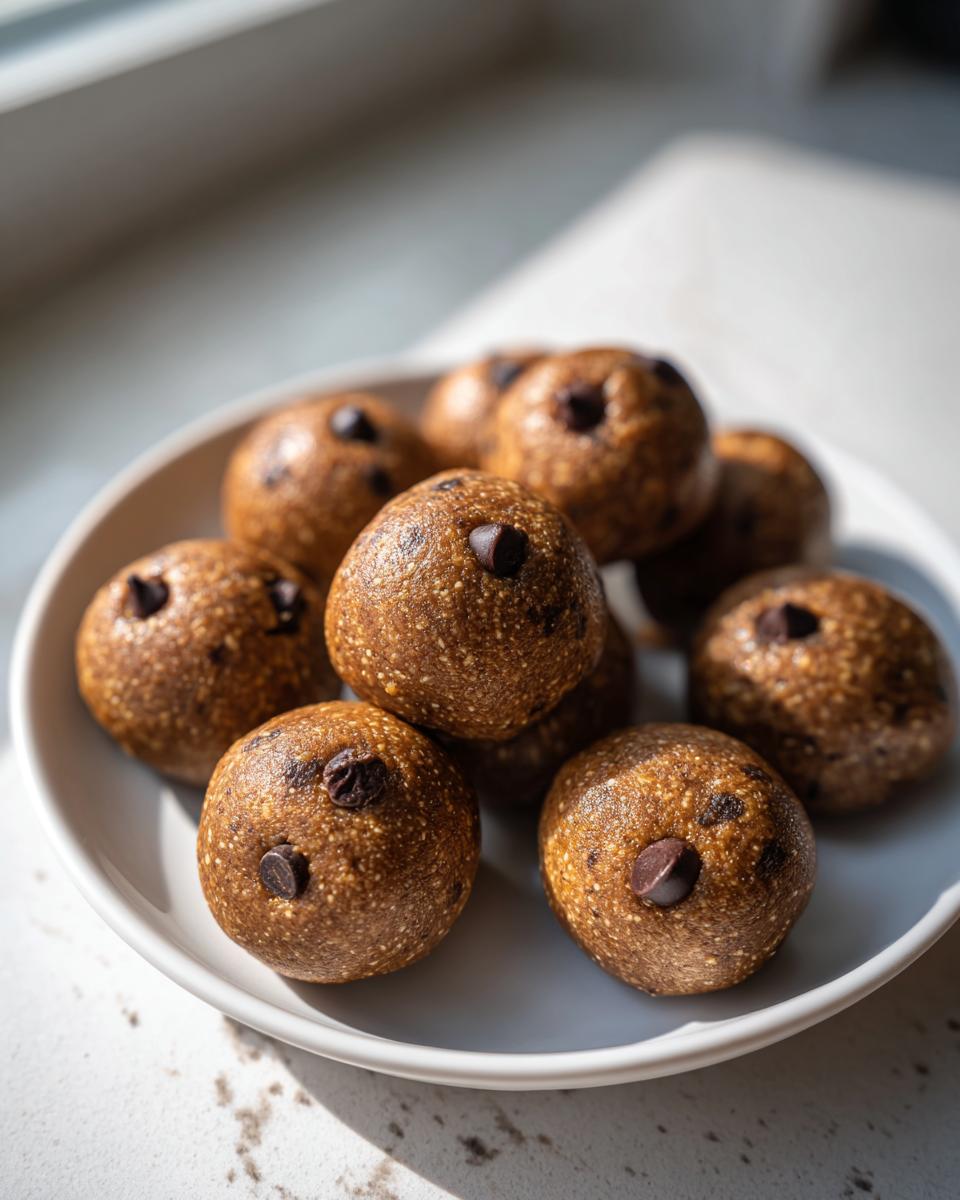 A small white plate filled with several homemade chocolate chip protein balls, brightly lit by natural light.