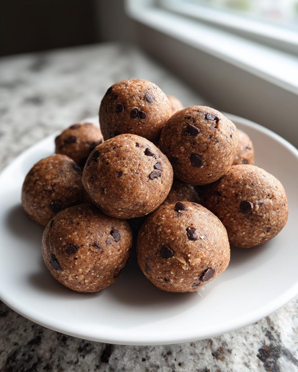 A close-up of several homemade chocolate chip protein balls stacked on a white plate near a window.