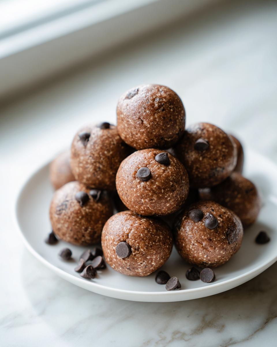 A close-up of a stack of rich, brown chocolate chip protein balls piled high on a white plate.