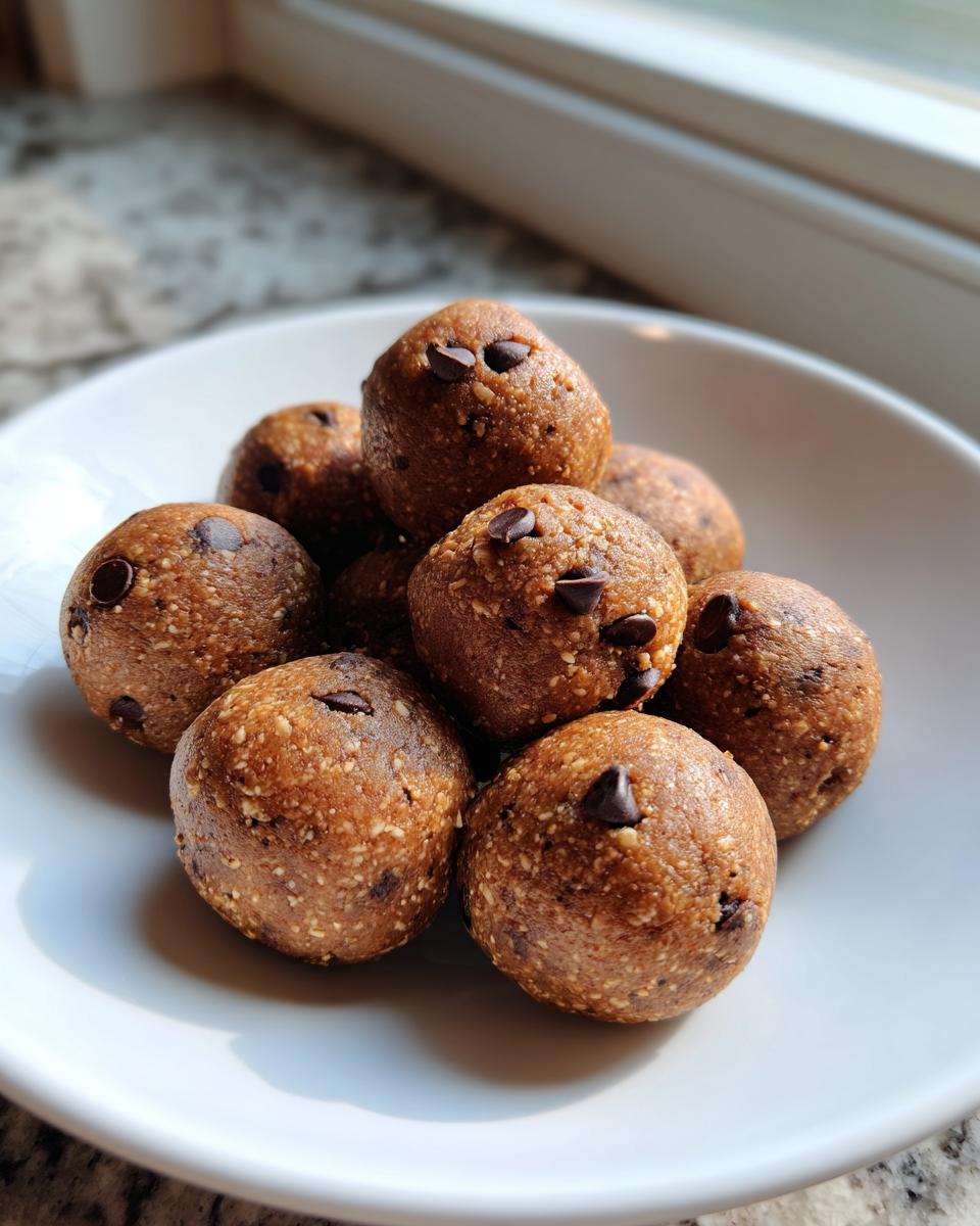 A close-up stack of homemade chocolate chip protein balls resting on a white dish near a window.