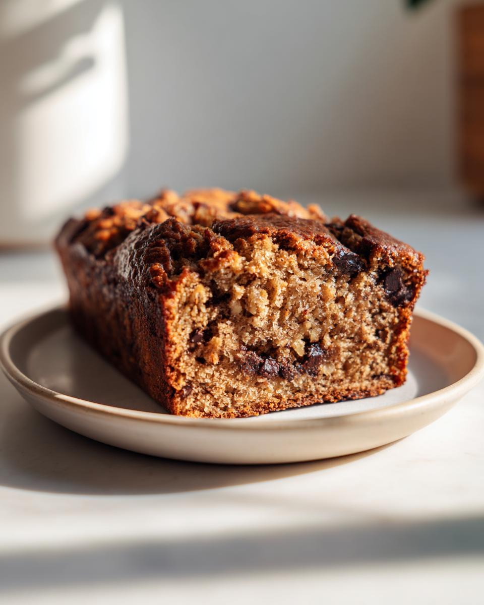 Close-up of a freshly baked slice of vegan banana bread with visible chocolate chips and walnuts.