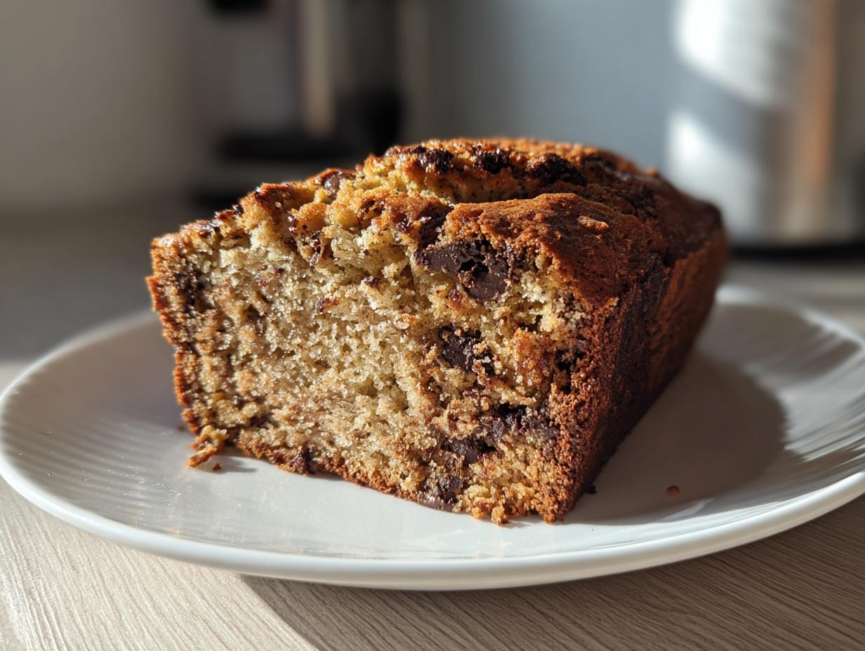 A close-up of a thick slice of chocolate chip vegan banana bread resting on a white plate.