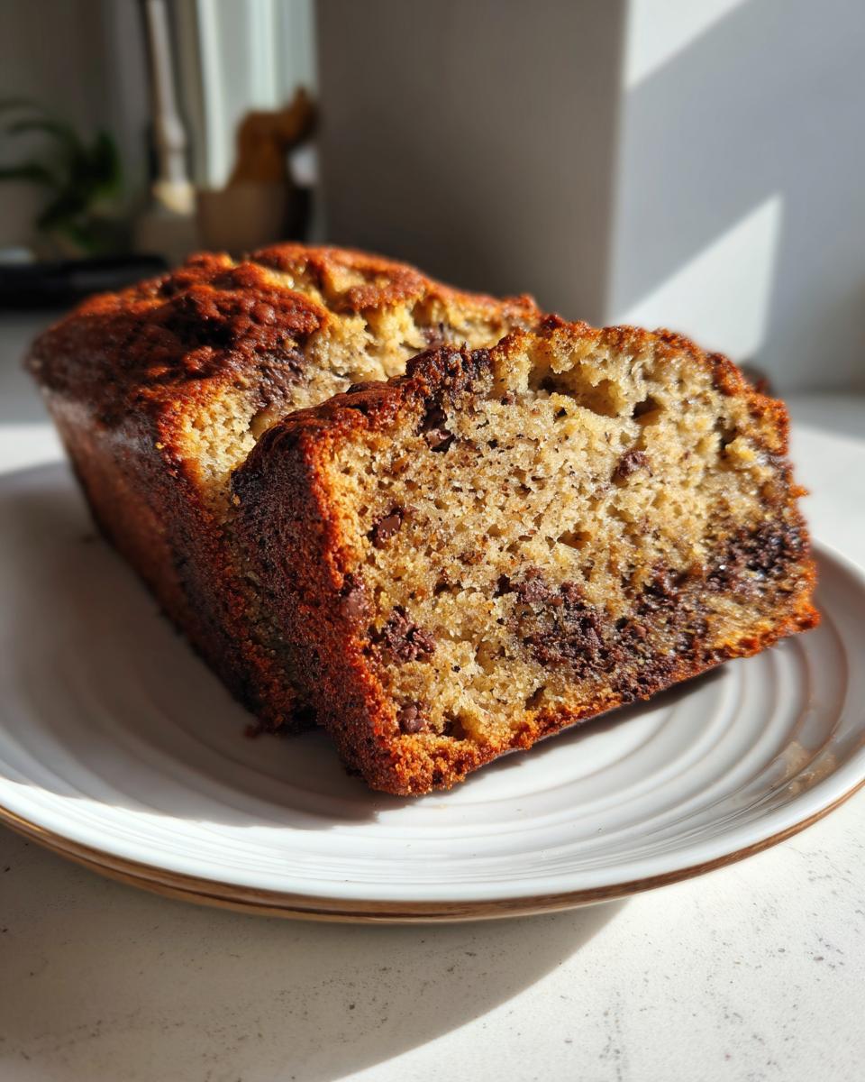 Two slices of moist vegan banana bread with visible chocolate chips served on a white plate.