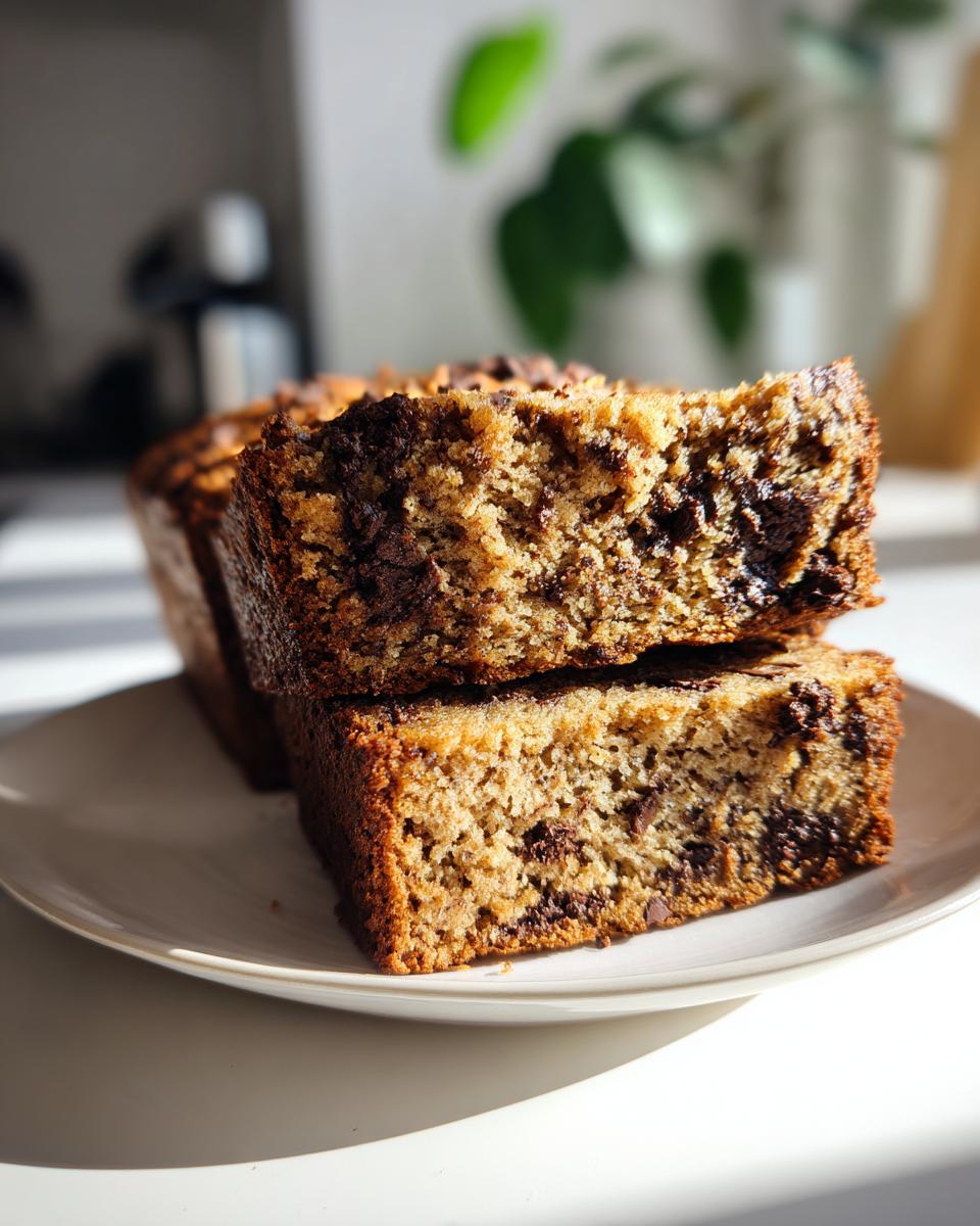 Two thick slices of moist vegan banana bread loaded with chocolate chips stacked on a white plate.