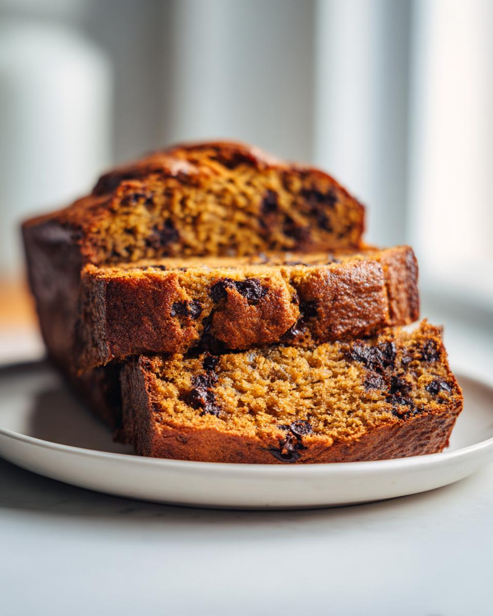 Close-up of thick slices of moist vegan banana bread studded with chocolate chips, resting on a white plate.