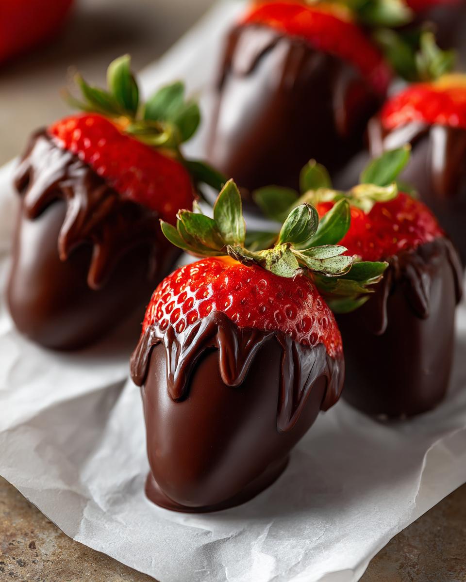 Close-up of freshly made chocolate covered strawberries resting on parchment paper, showing rich dark chocolate coating.