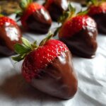 Close-up of fresh chocolate covered strawberries resting on white parchment paper.