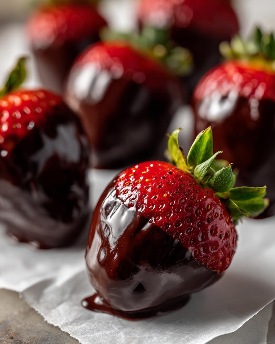 A close-up of a freshly made chocolate covered strawberries, resting on parchment paper.