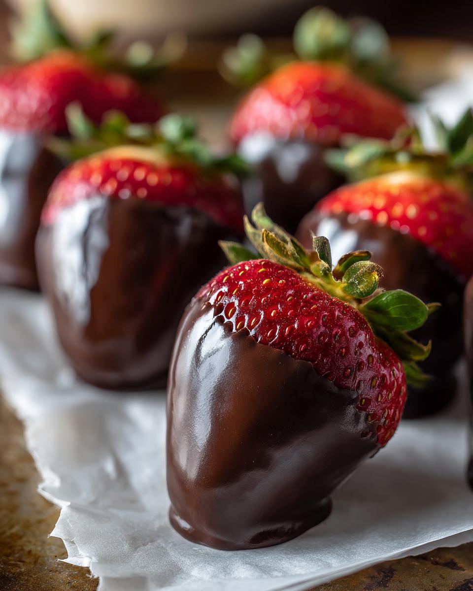 Close-up of fresh, glossy chocolate covered strawberries resting on parchment paper.