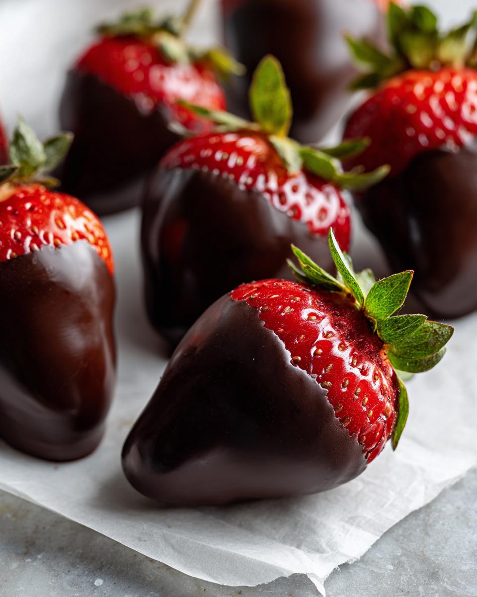 Close-up of fresh chocolate covered strawberries resting on parchment paper.