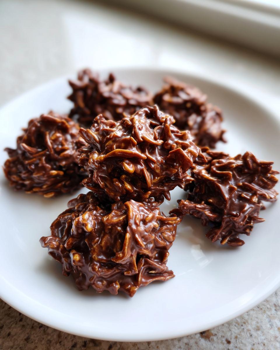 Five rich, chocolate haystack cookies piled on a white plate, showing their crunchy, irregular texture.