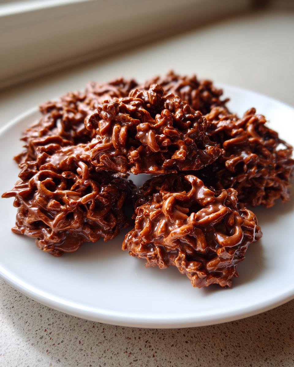 A stack of glossy, chocolate-coated haystack cookies resting on a white plate.