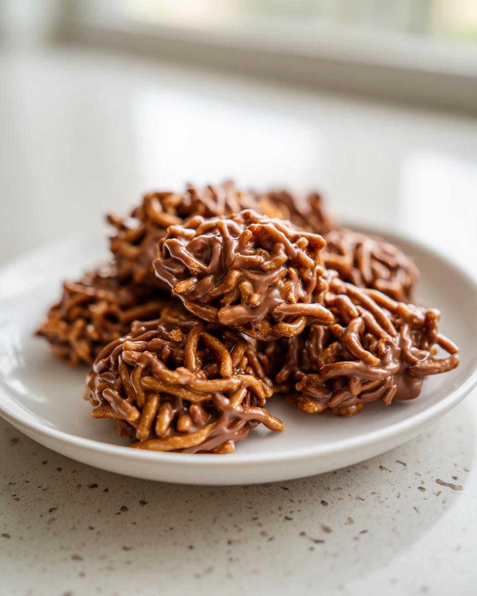 A small pile of rich, chocolate-coated haystack cookies made with chow mein noodles on a white plate.