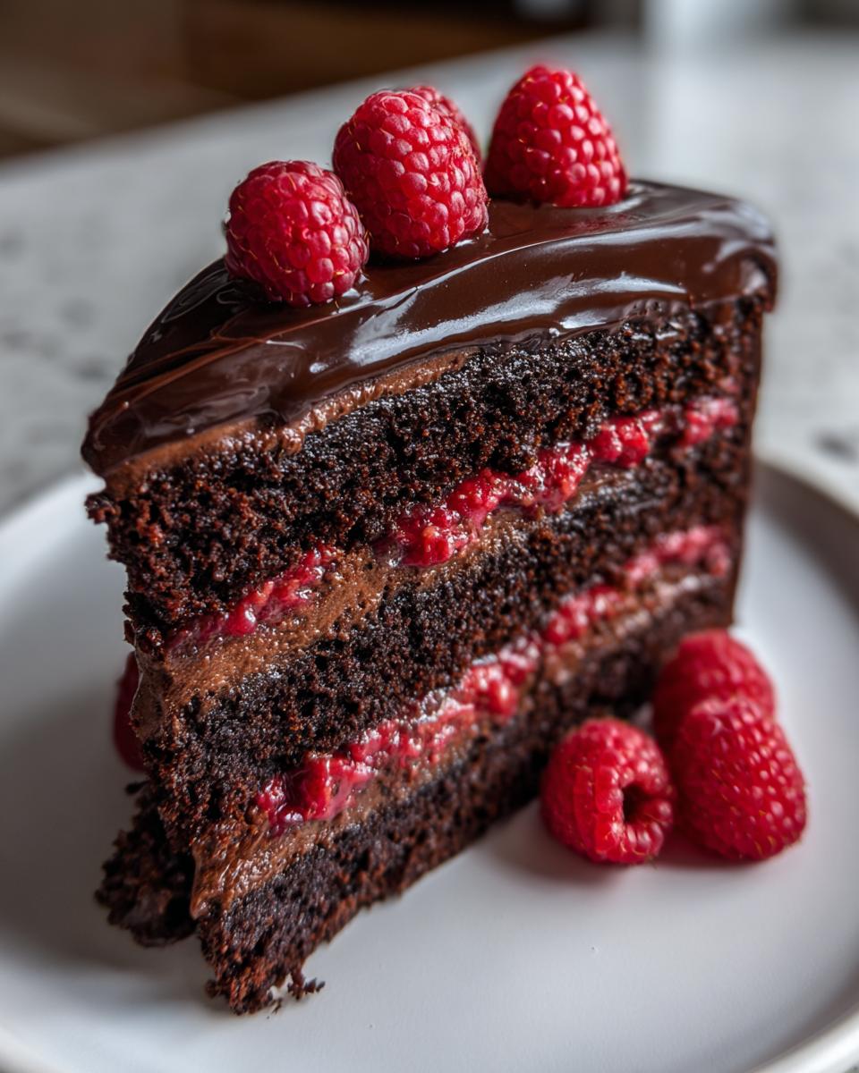 A decadent slice of chocolate raspberry cake featuring dark layers, raspberry filling, and chocolate ganache topping, garnished with fresh raspberries.