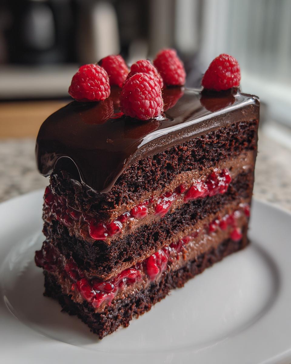 Close-up of a rich slice of chocolate raspberry cake featuring multiple layers, raspberry filling, and a glossy chocolate ganache topping with fresh raspberries.