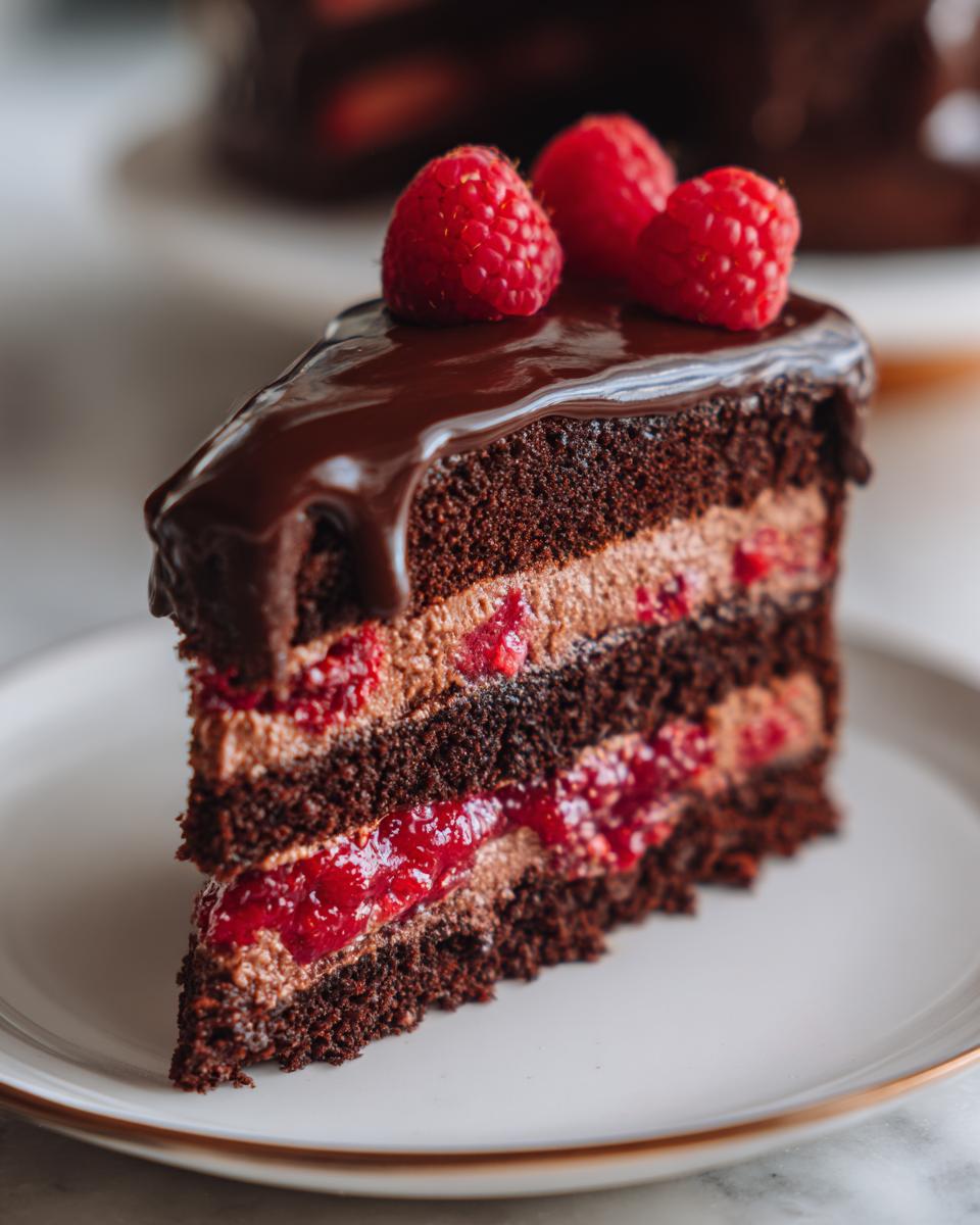A perfect slice of chocolate raspberry cake featuring layers of dark cake, raspberry filling, and chocolate mousse, topped with ganache and fresh raspberries.