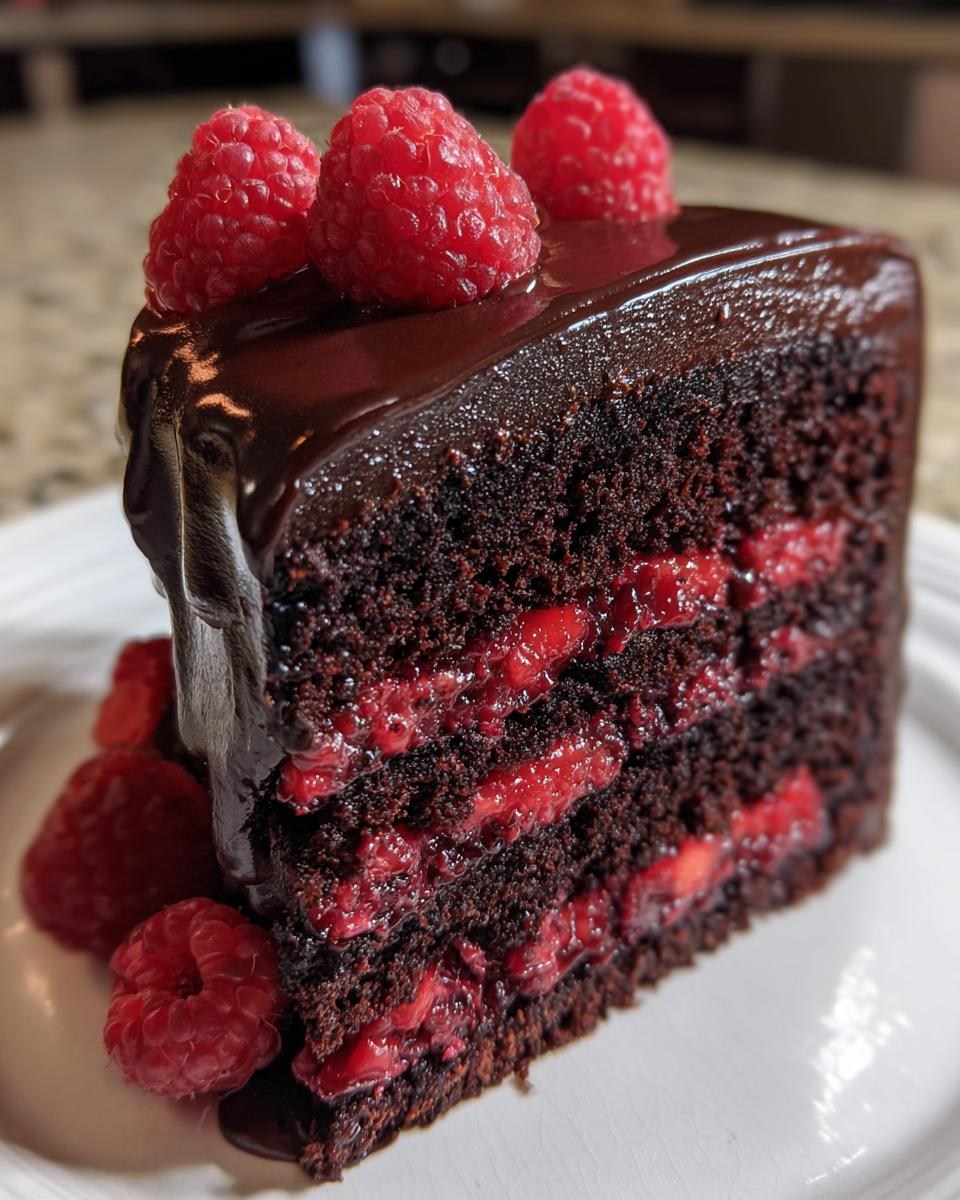 A rich slice of chocolate raspberry cake featuring dark layers, raspberry filling, and a glossy chocolate ganache topping decorated with fresh raspberries.