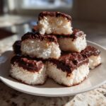 A stack of homemade cool whip candy squares, featuring a white coconut base and a thick layer of melted chocolate on top.