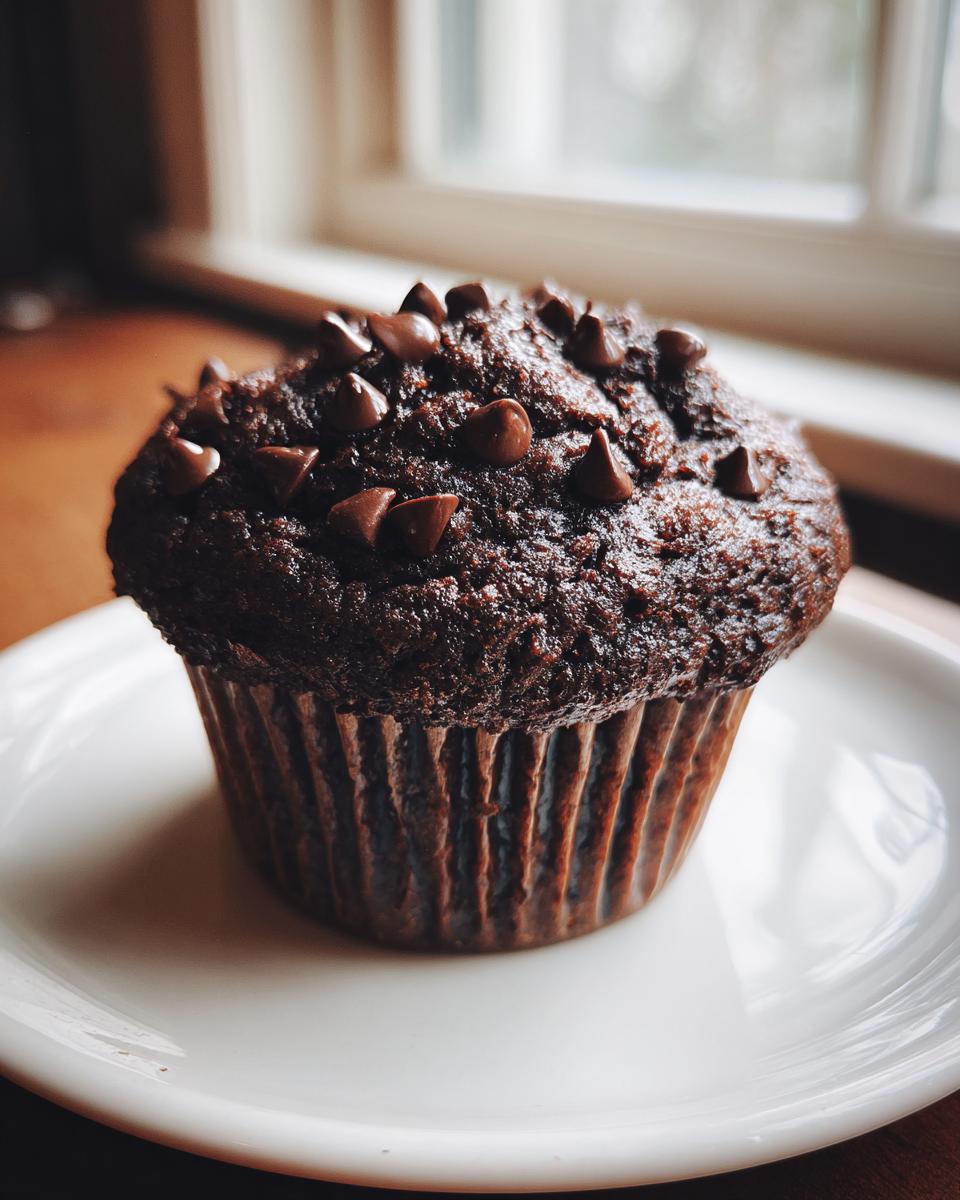 A single, dark chocolate zucchini muffin topped with chocolate chips, resting on a white plate.