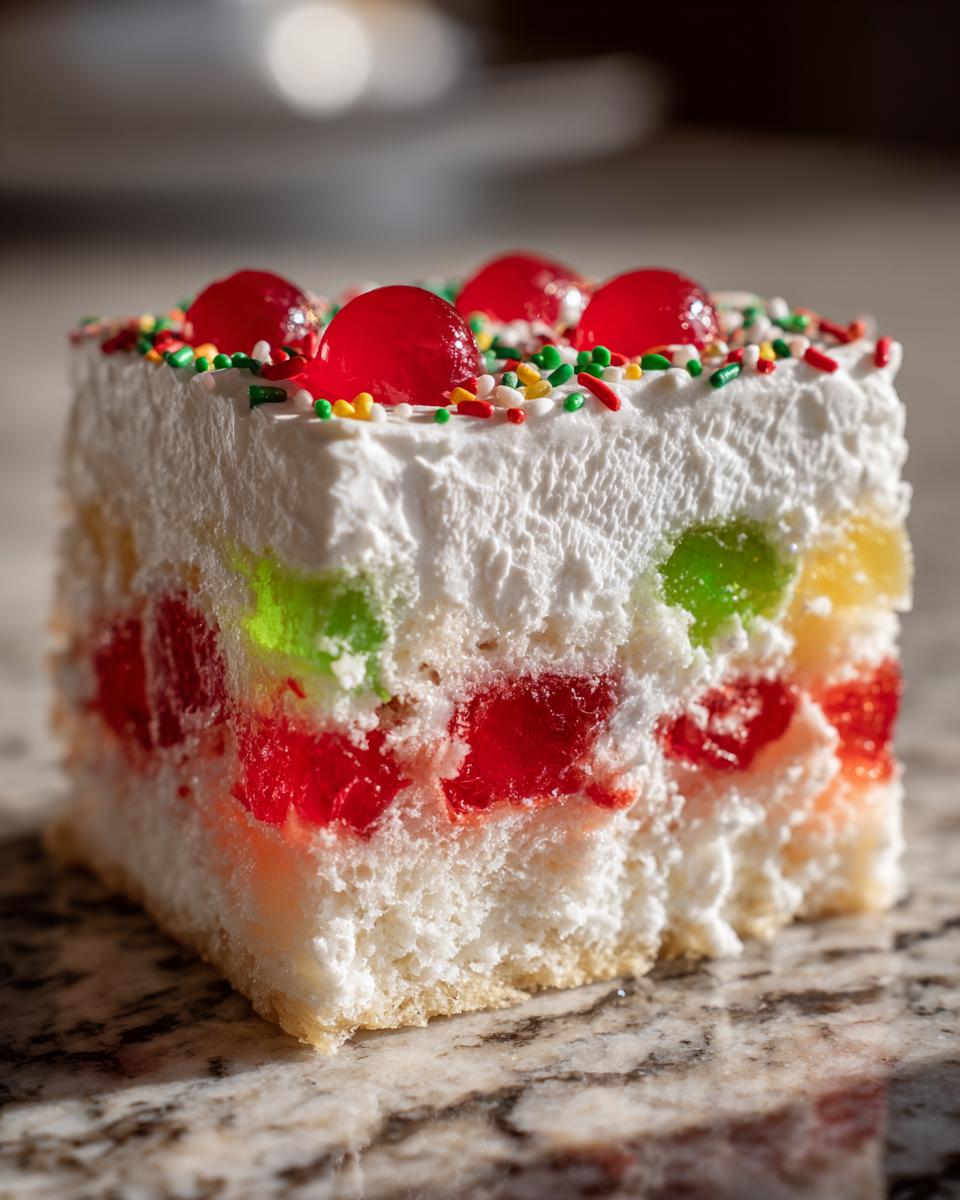Close-up of a slice of moist christmas poke cake showing layers of colorful gelatin, white frosting, and maraschino cherries.