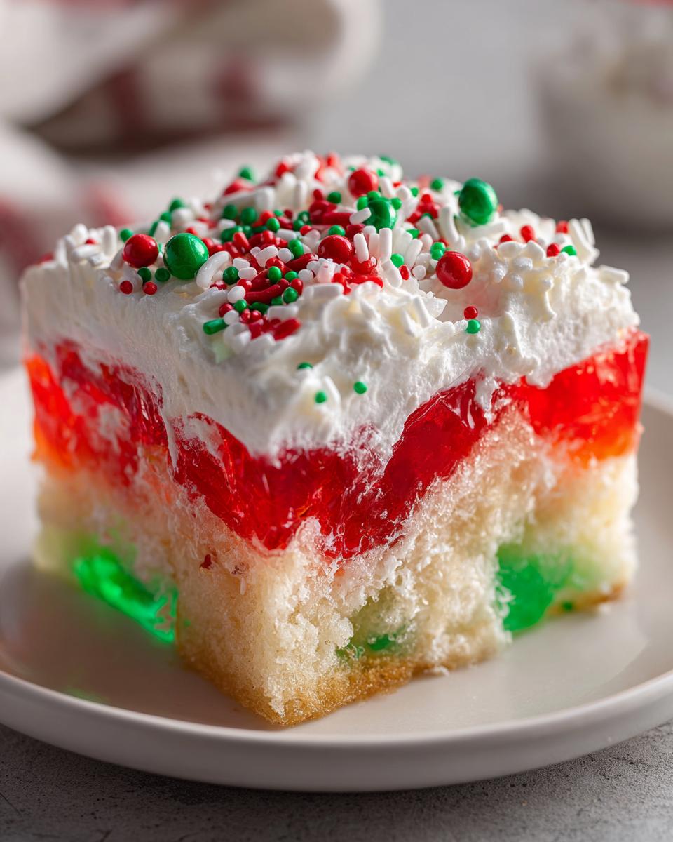 Close-up of a slice of christmas poke cake featuring layers of red and green gelatin, whipped topping, and holiday sprinkles.