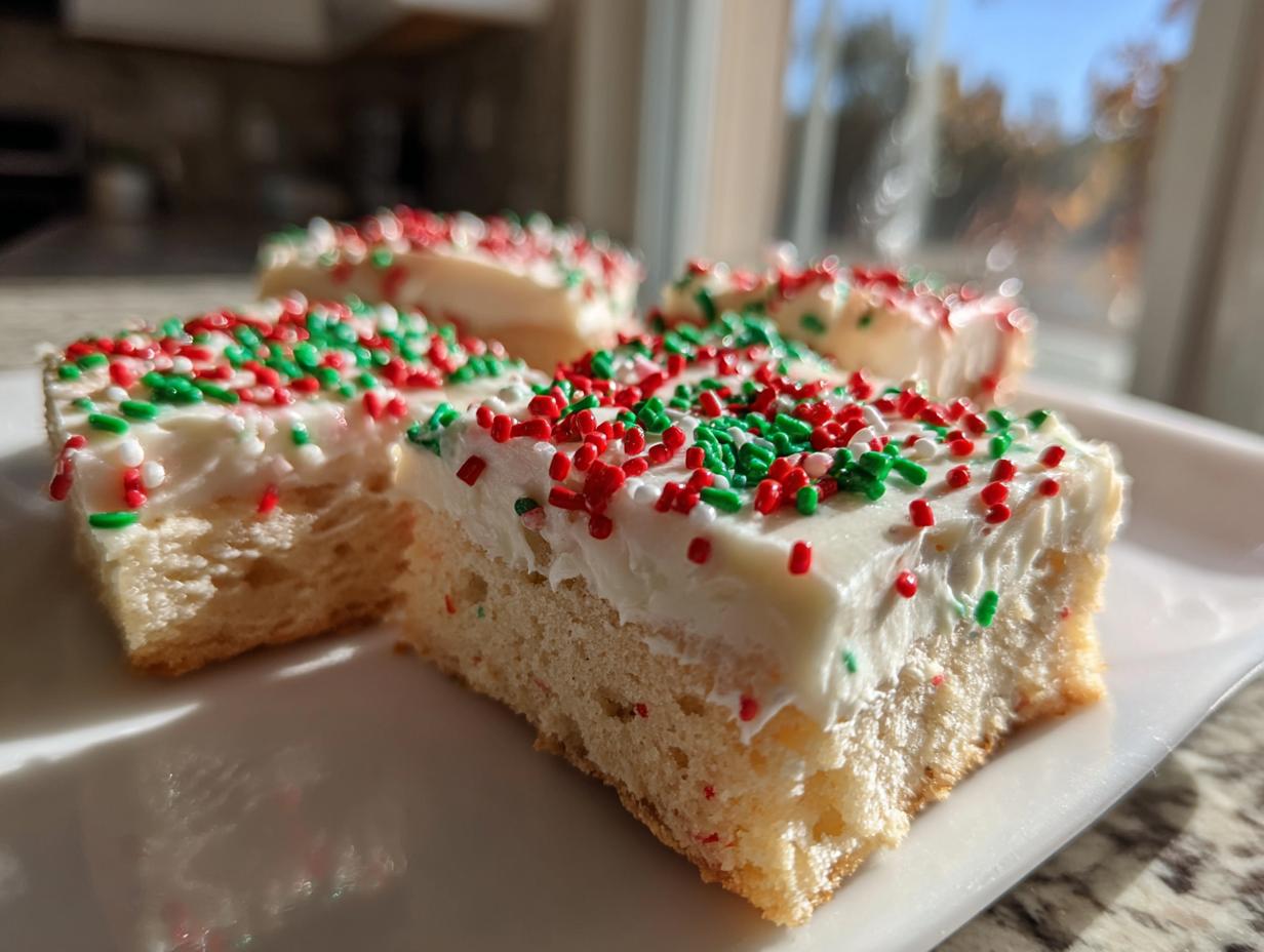 Four squares of soft christmas sugar cookie bars topped with thick white frosting and red and green sprinkles.