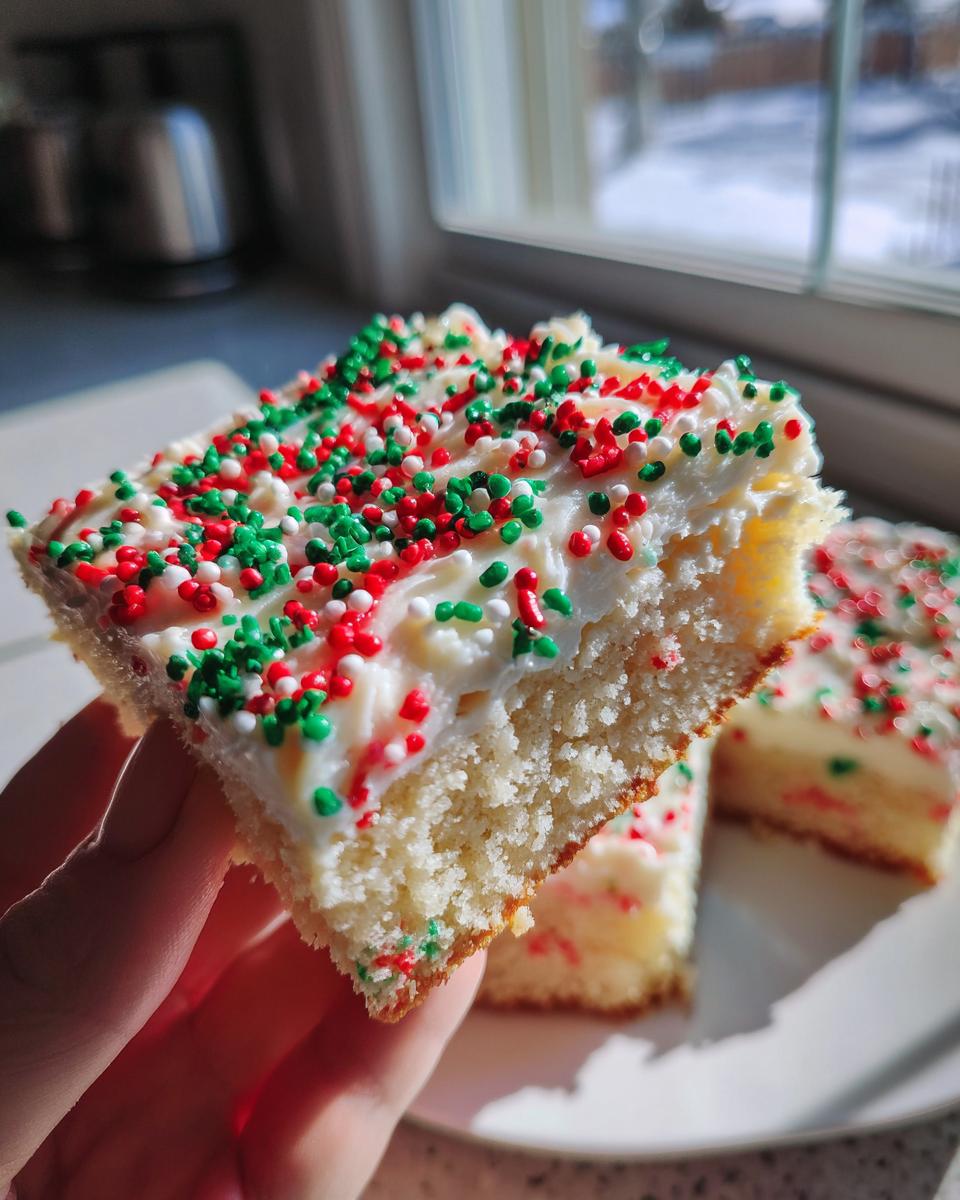 A hand holding up a thick slice of christmas sugar cookie bars topped with white frosting and red and green sprinkles.