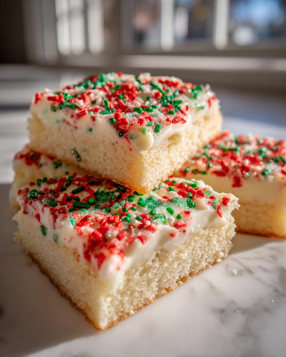 Stack of three soft christmas sugar cookie bars topped with white frosting and red and green holiday sprinkles.