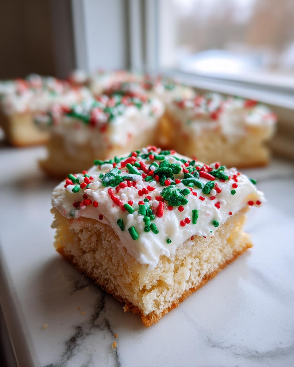 A close-up of one square of christmas sugar cookie bars topped with thick white frosting and red and green sprinkles.