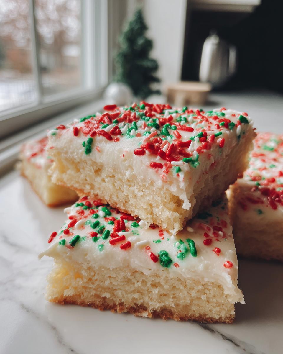 Stacked squares of soft christmas sugar cookie bars topped with thick white frosting and red and green sprinkles.