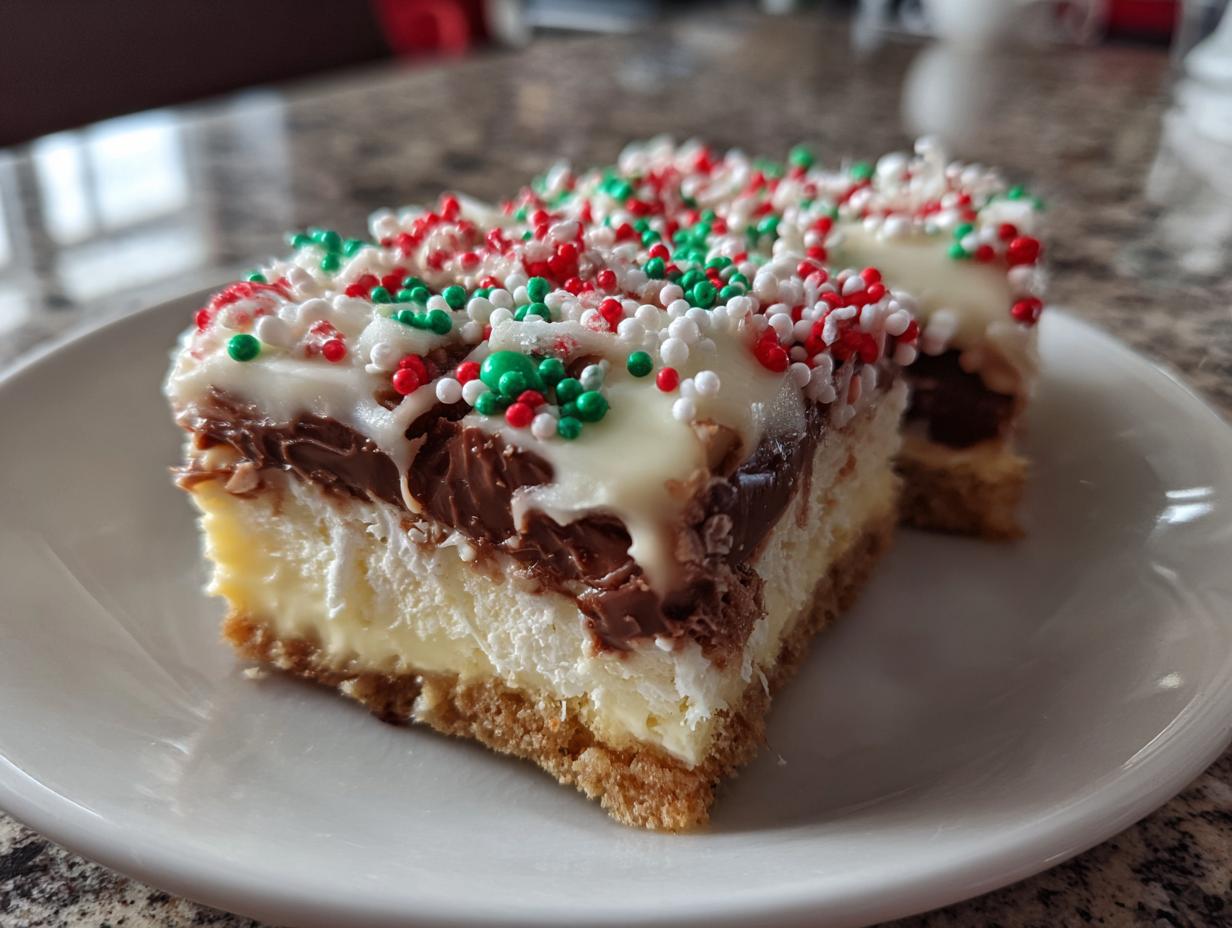 Two slices of rich Christmas tree cheesecake bars featuring a graham cracker crust, creamy filling, chocolate layer, and white frosting with red, green, and white sprinkles.