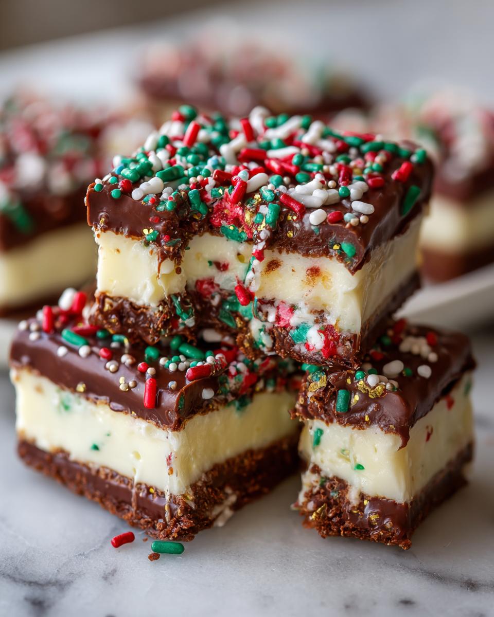 Three stacked squares of Christmas tree cheesecake bars topped with chocolate ganache and festive red, green, and white sprinkles.