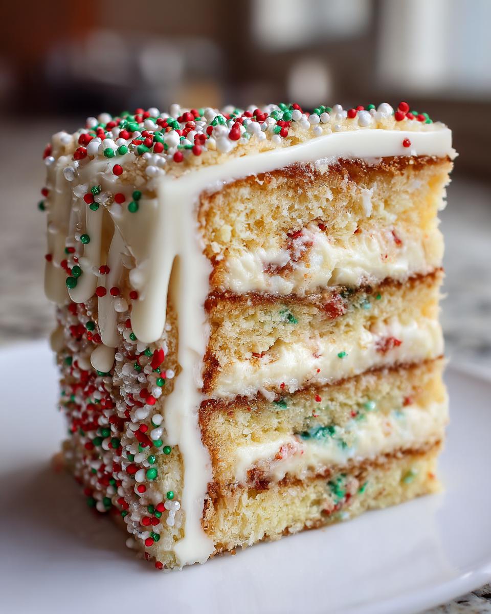A tall slice of Christmas tree cheesecake showing four layers of cake and cream filling, covered in white drip icing and red, green, and white sprinkles.