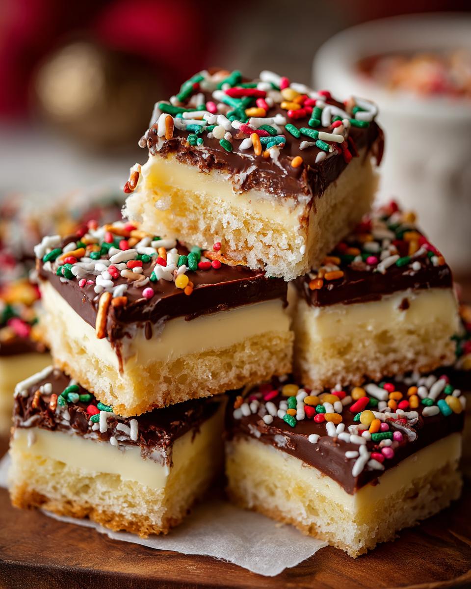 Stack of rich, layered squares resembling Christmas Tree Cheesecake bars topped with chocolate ganache and festive sprinkles.
