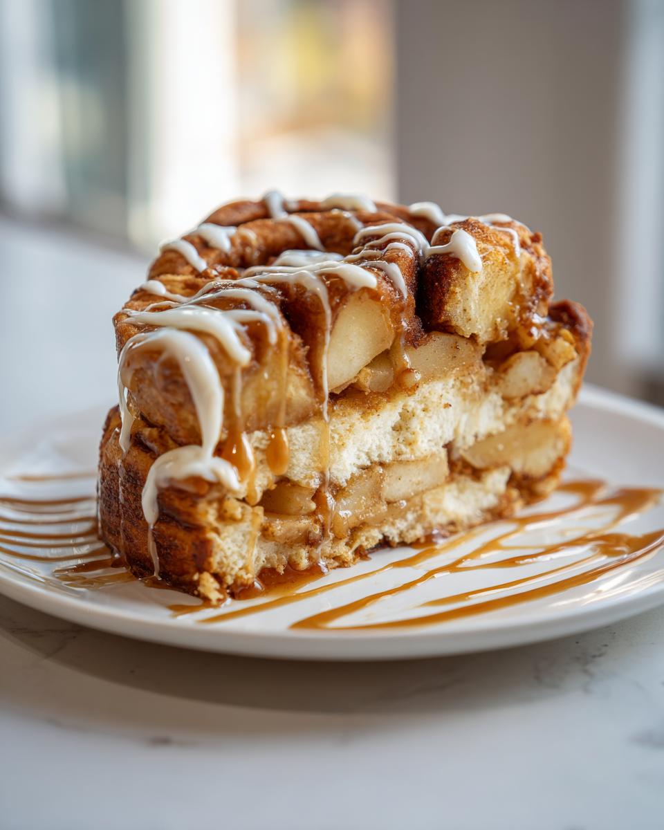 A decadent slice of cinnamon roll apple pie layered with apples, drizzled with white icing and caramel sauce.