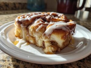 A single serving of cinnamon roll apple pie, drizzled with white icing, sitting on a white plate.