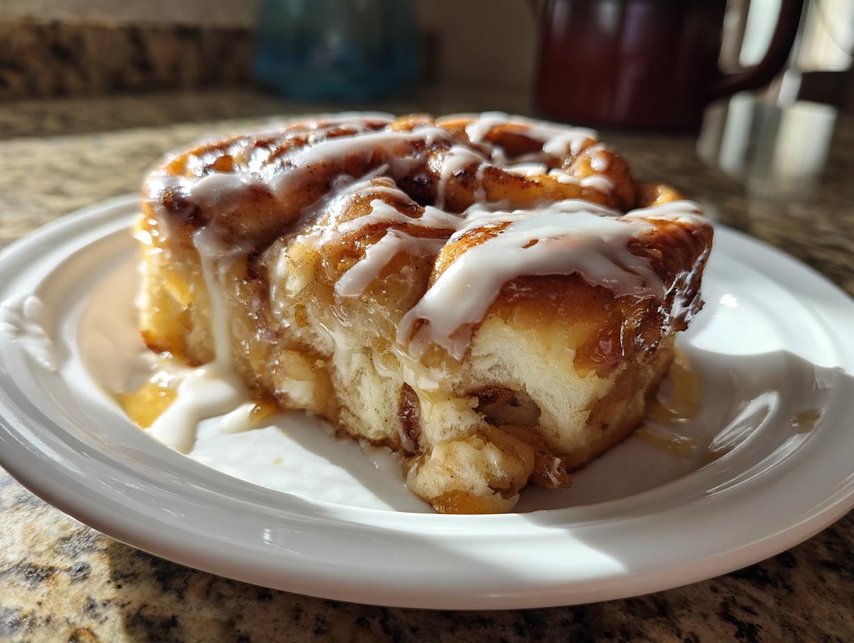 A single serving of cinnamon roll apple pie, drizzled with white icing, sitting on a white plate.
