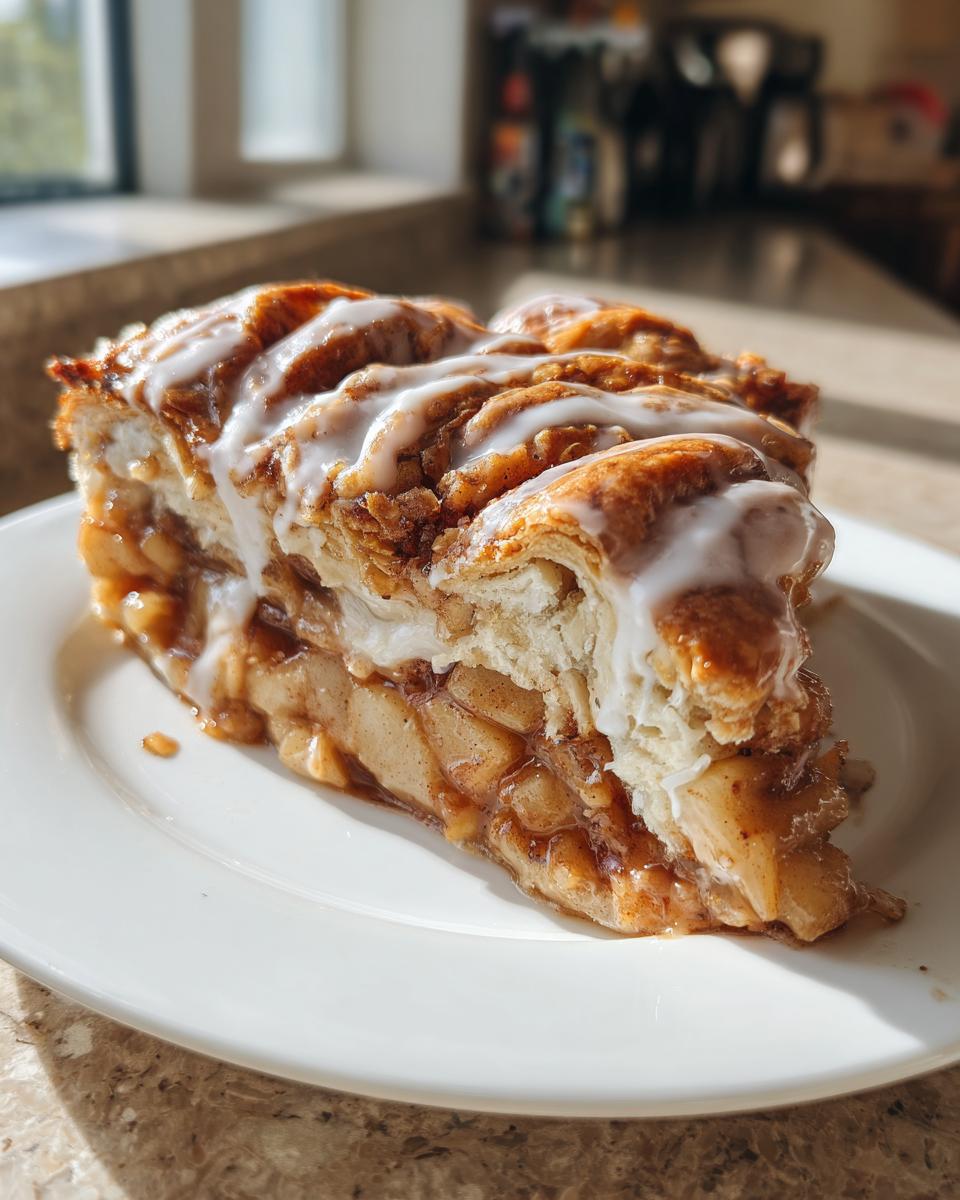 A close-up of a decadent slice of cinnamon roll apple pie, layered with apples and topped with white icing.