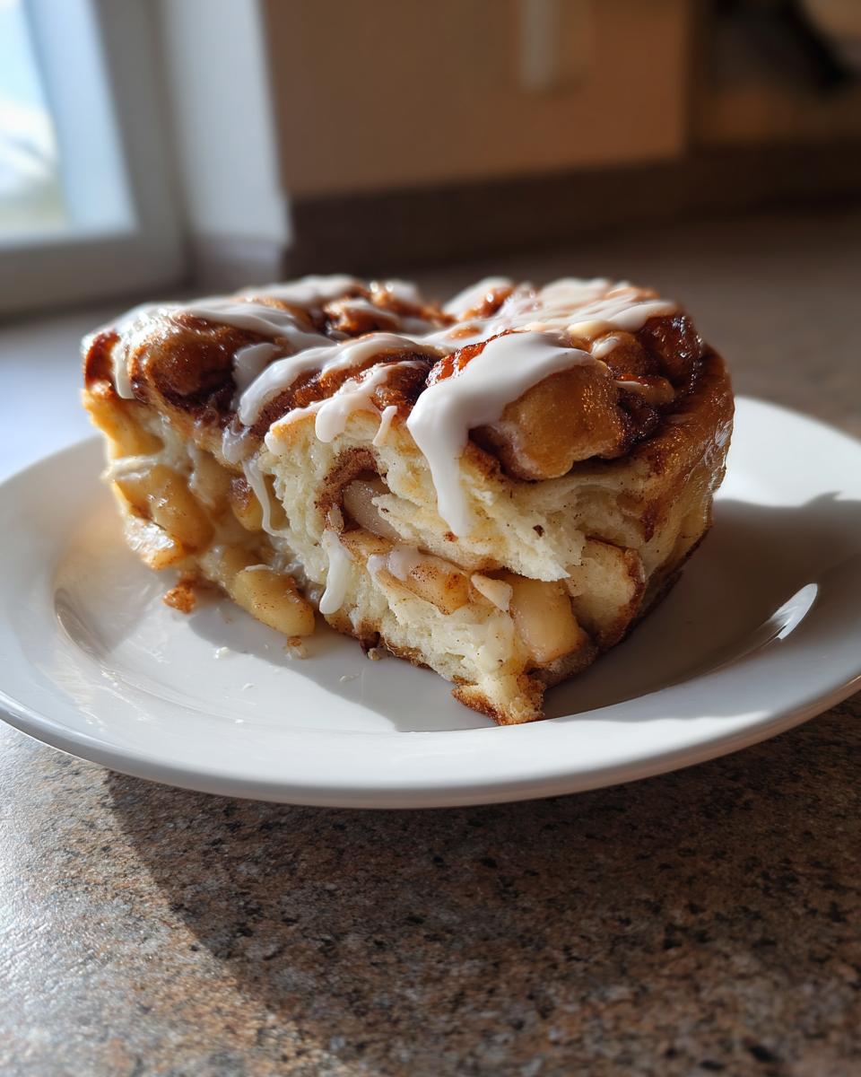A close-up of a single serving slice of cinnamon roll apple pie, topped with white icing.