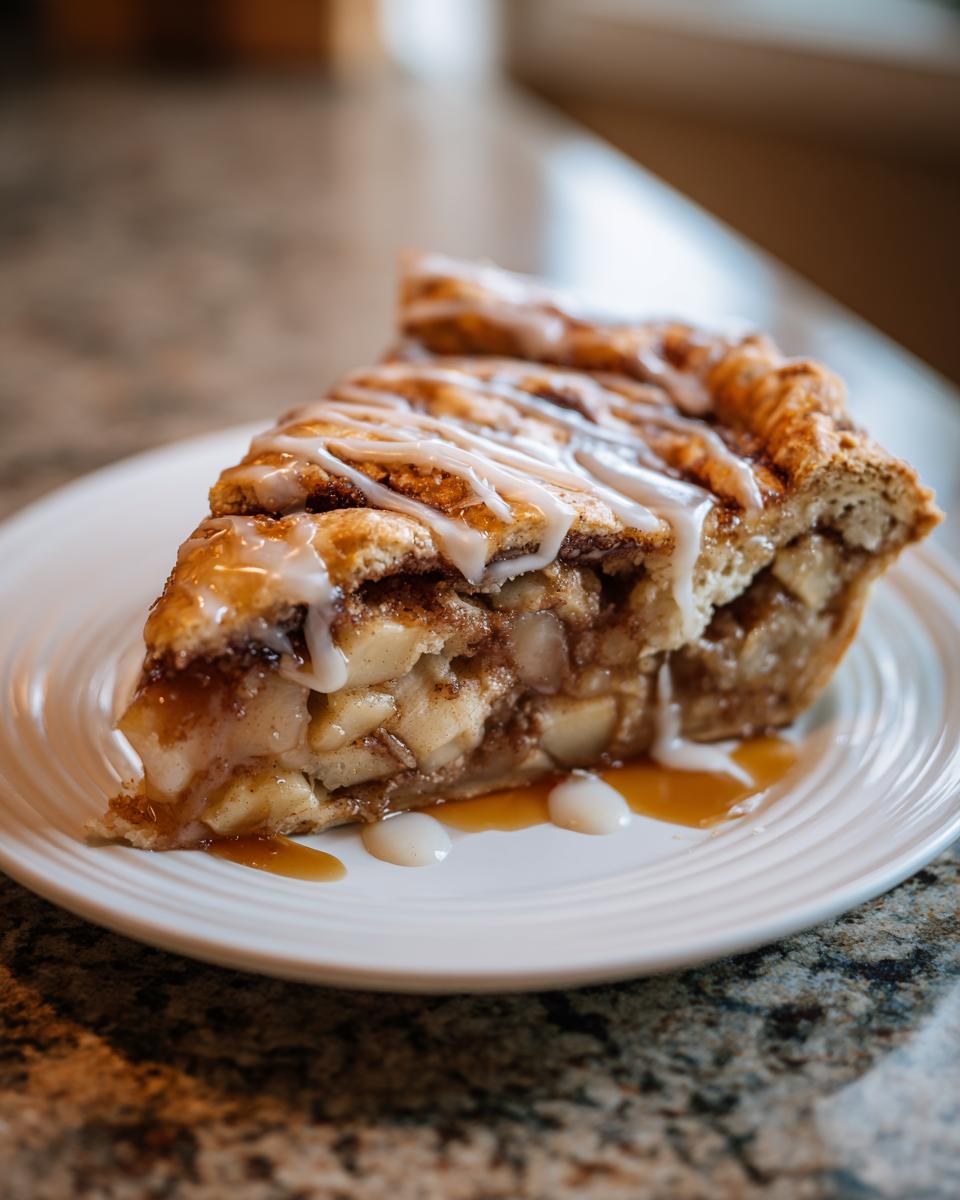 A close-up of a thick slice of cinnamon roll apple pie, showing chunky apple filling and a white icing drizzle.