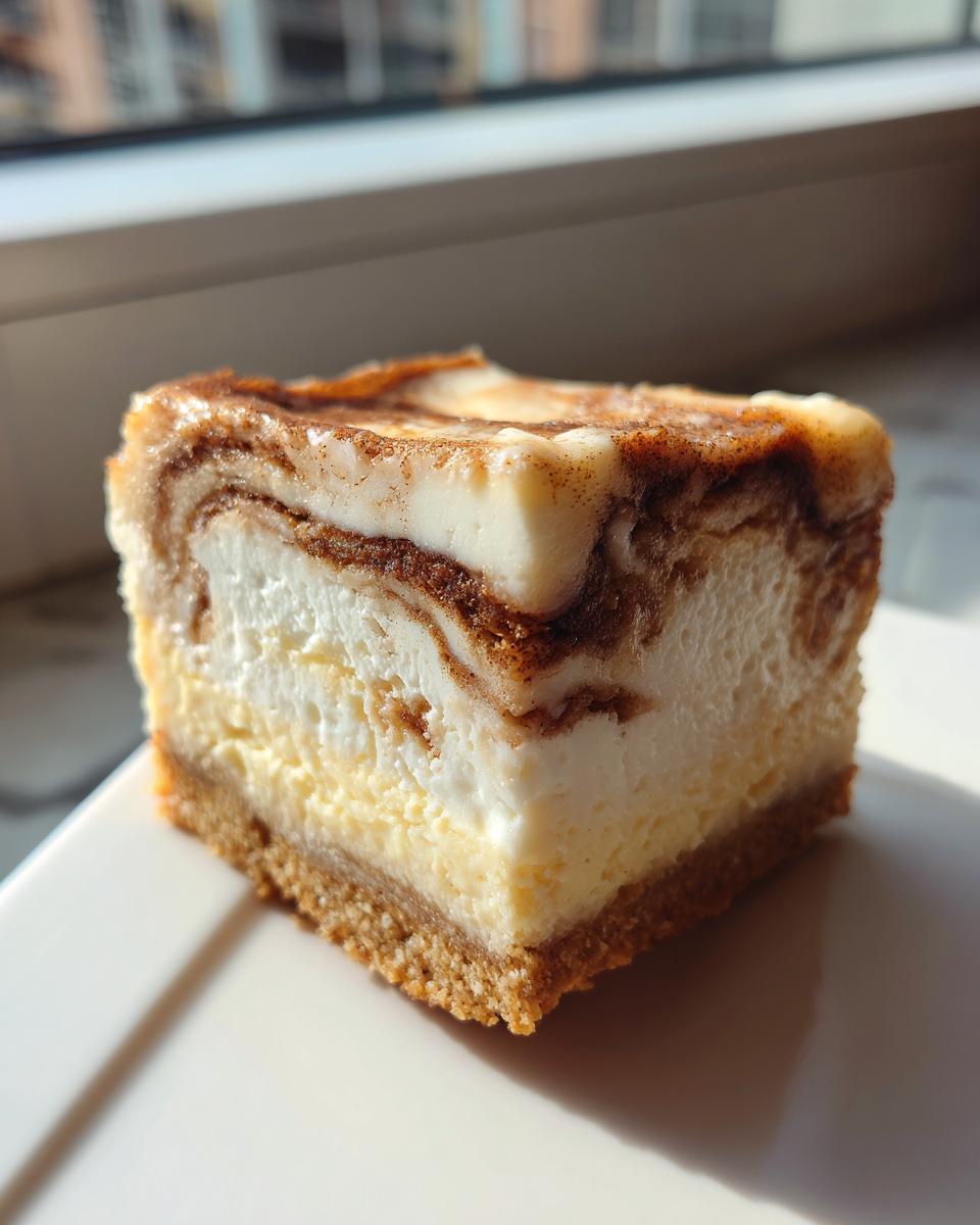 Close-up of a square slice of cinnamon roll cheesecake showing a graham cracker crust and creamy filling swirled with cinnamon.