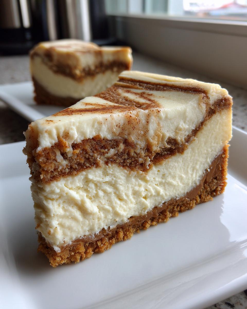 Close-up of a thick slice of cinnamon roll cheesecake showing layers of graham cracker crust, creamy filling, and cinnamon swirl topping.