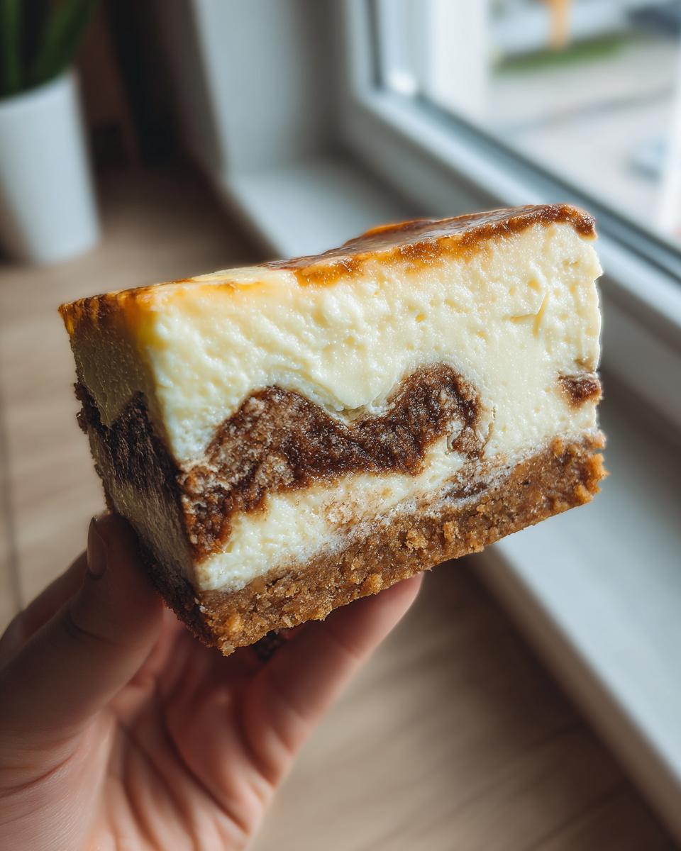 A close-up view of a rich slice of cinnamon roll cheesecake with a graham cracker crust and marbled filling.
