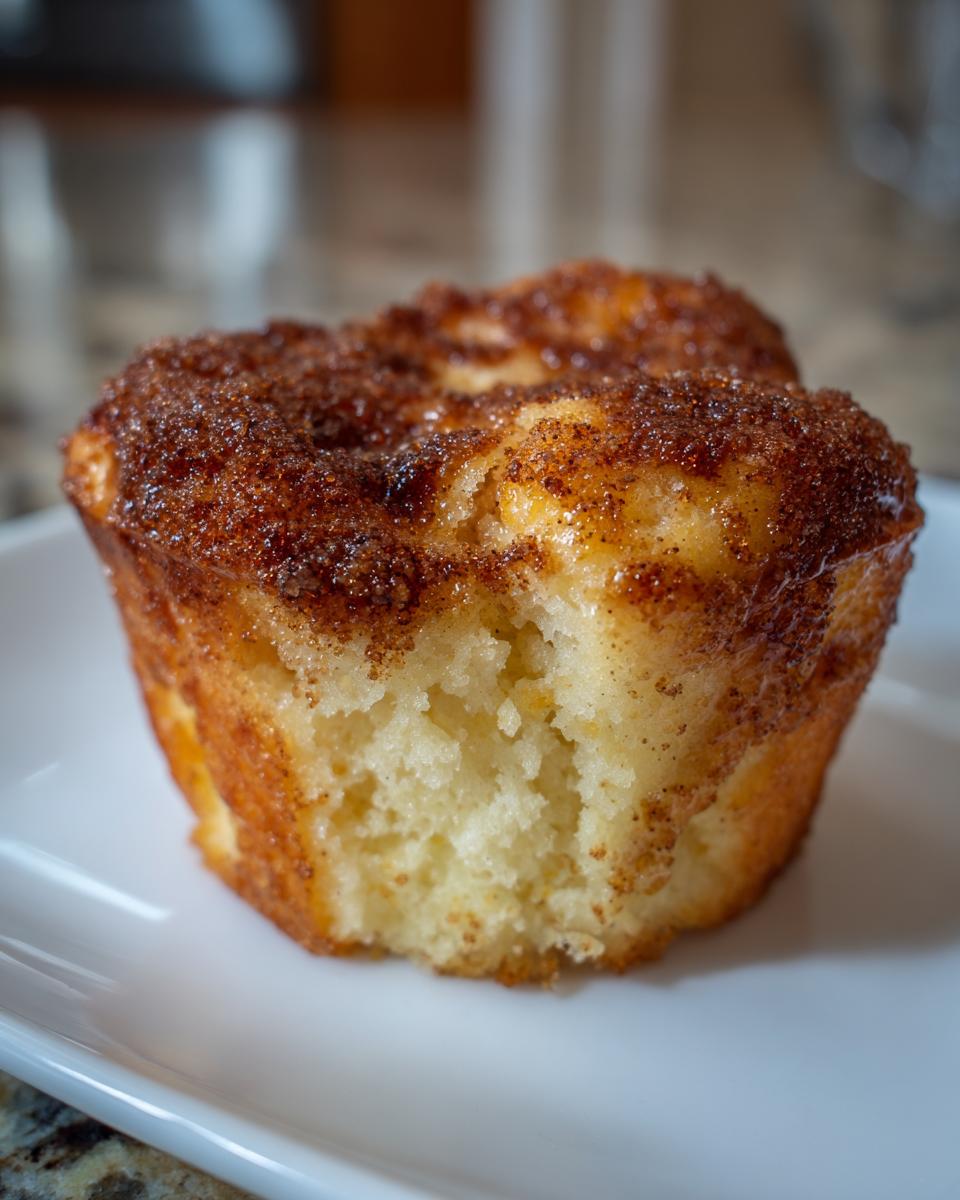 A close-up view of a single french toast muffins with a golden, moist interior and a thick, sugary cinnamon topping.