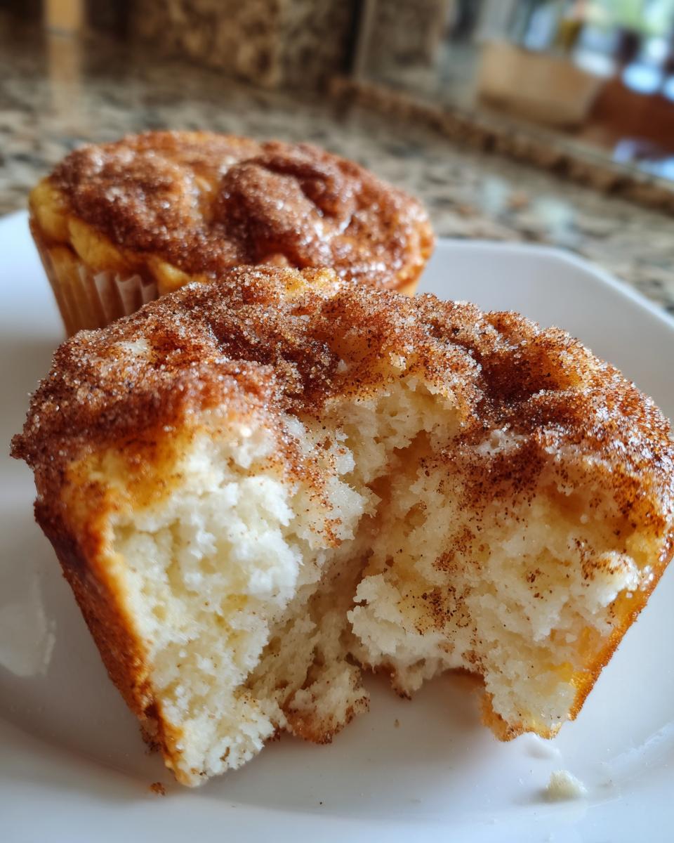 Close-up of a french toast muffin broken open, showing the soft interior and cinnamon sugar topping.