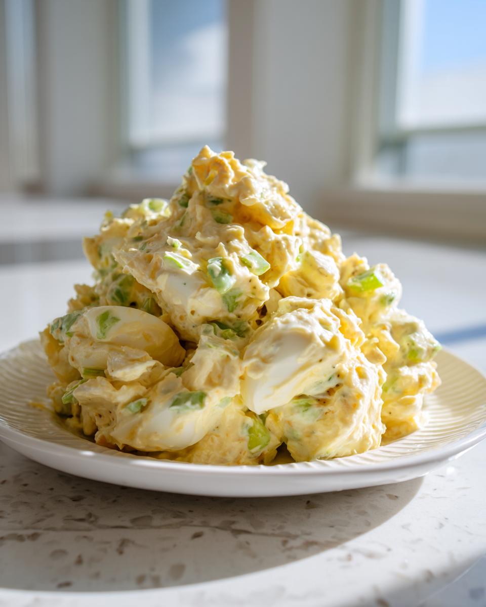 A generous mound of creamy, chunky egg salad recipe with visible pieces of hard-boiled egg and green celery on a white plate.