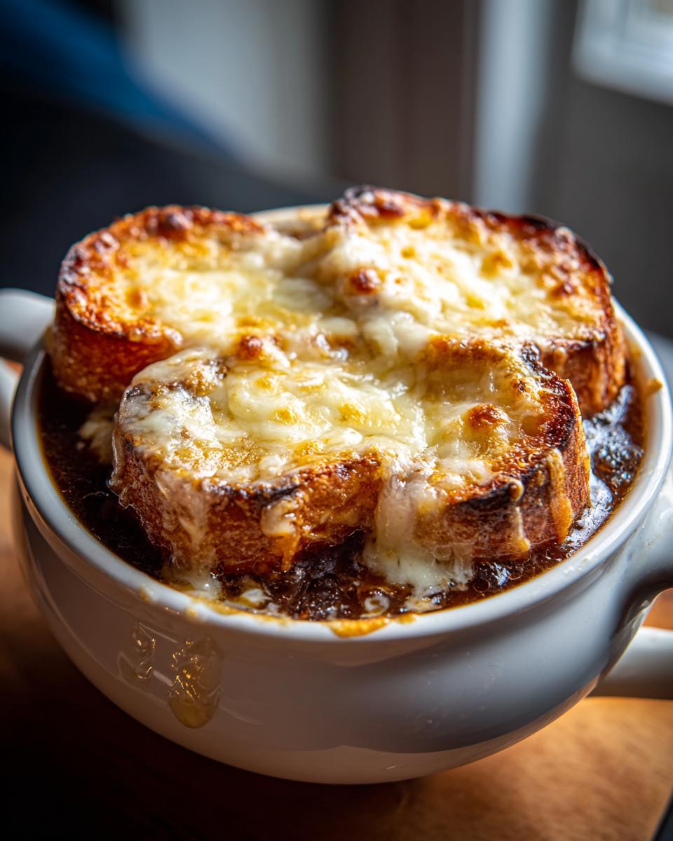Close-up of a bowl of rich french onion soup topped with toasted bread and bubbly, melted Gruyère cheese.