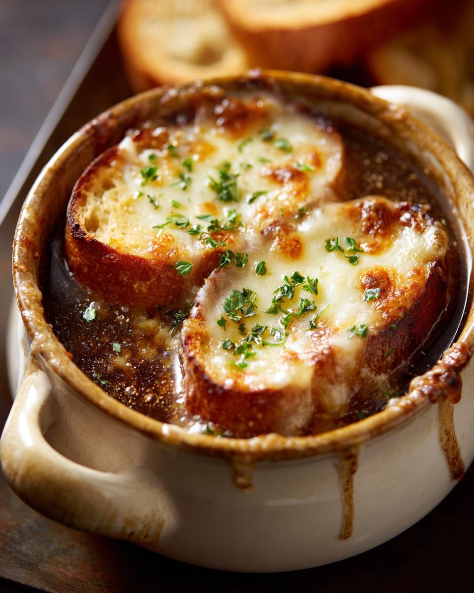 Close-up of a piping hot bowl of french onion soup topped with melted, browned cheese and parsley.