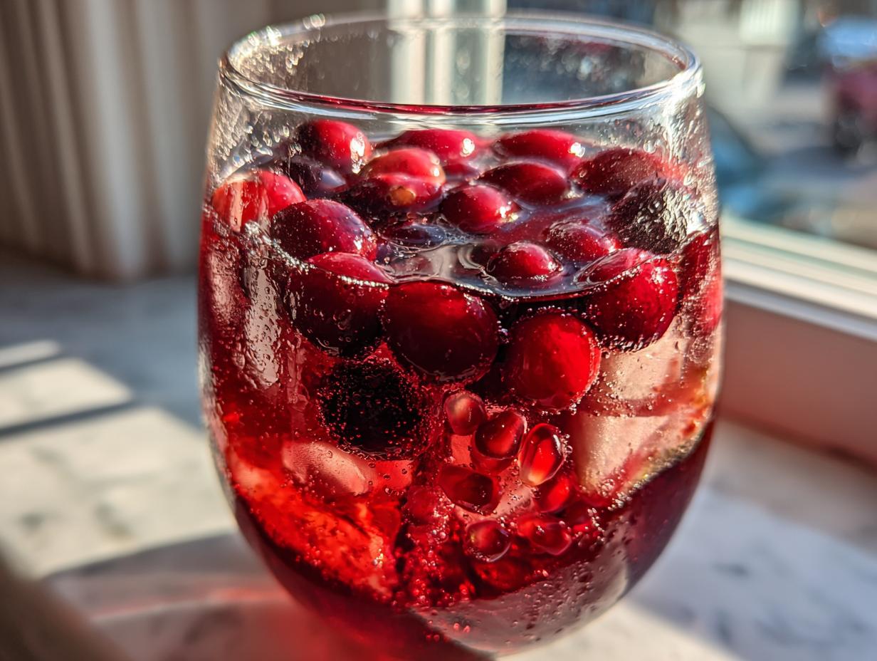 Close-up of a glass filled with vibrant red holiday sangria, topped with floating cranberries and pomegranate seeds.