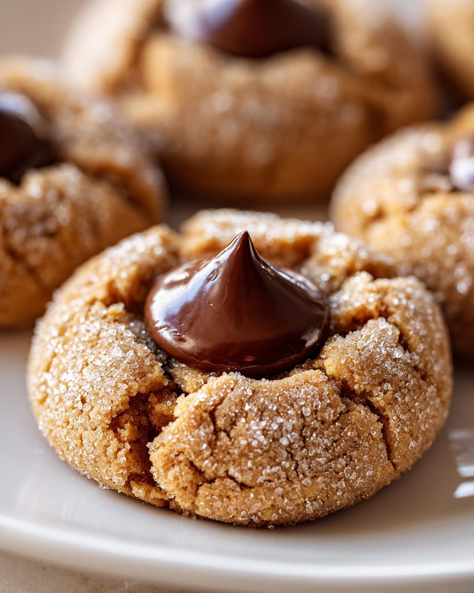 A close-up, macro shot of a sugary peanut butter blossom cookie topped with a shiny chocolate kiss.